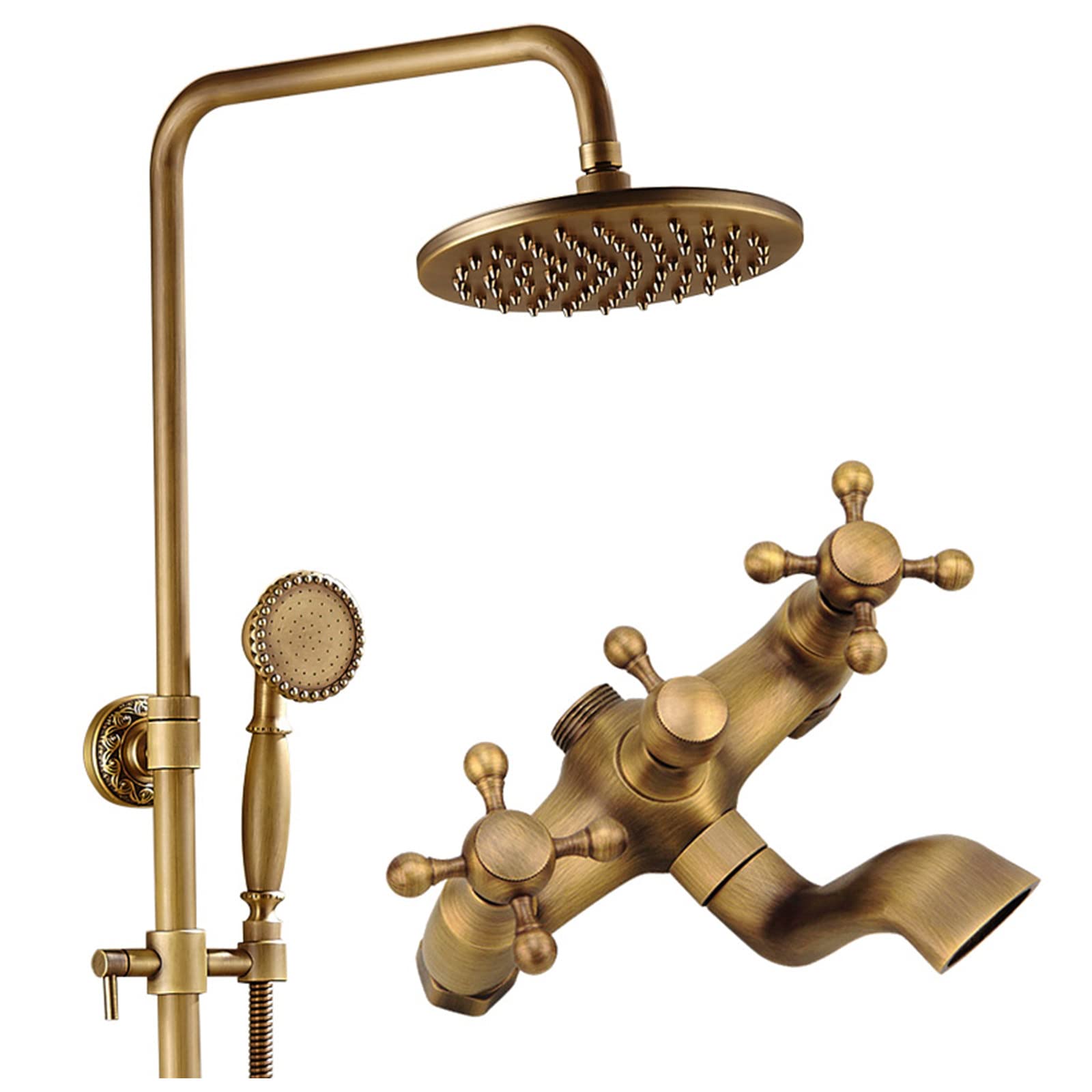 Antique Brass Bathroom Shower Fixture, Rain Shower Head with Handheld Spray, 2 Cross Knobs Wall Mounted Mixer Bathroom Shower Combo Set, Vintage Shower Faucet Set, Dual Shower Head
