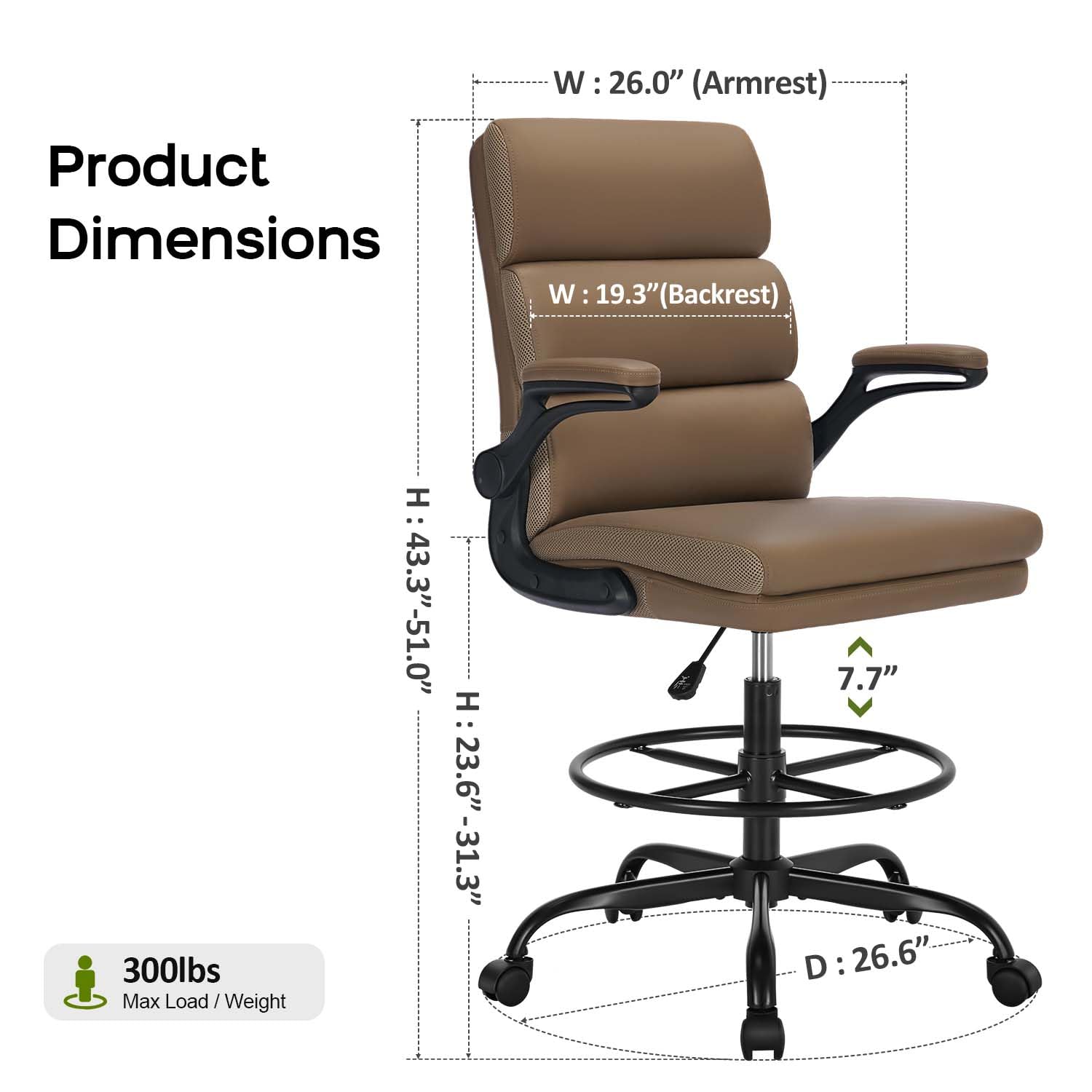 Amseatec Drafting Chair, Tall Office Chair with Footrest for Standing Desk, Small