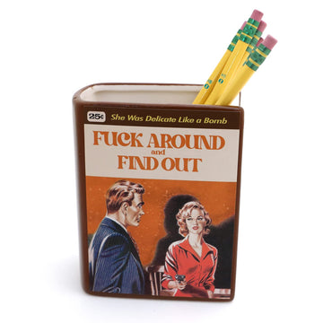Lenny Mud F Around and Find Out, book shaped pencil holder, decoupaged, vase, or planter, mature language
