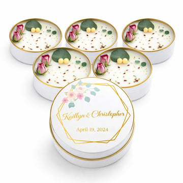 Personalized Candle Wedding Favors – Scented Custom Soy Wax Thank You Gifts with Dried Flowers – Custom Names & Date – Elegant Tin Gift (10-20-30-40-50-100 Bulk Options)