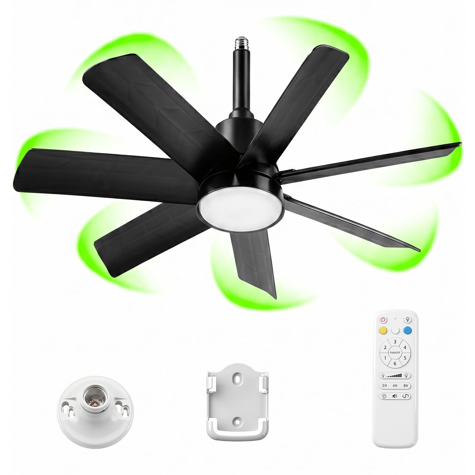 28 Inch Socket Fan Light with Remote Control, Screw in E26/E27 Ceiling Fan with LED Light, 3000-6000K Dimmable Color Temp, 6 Speeds, Timer, for Bedroom Kitchen Living Room Garage, Black