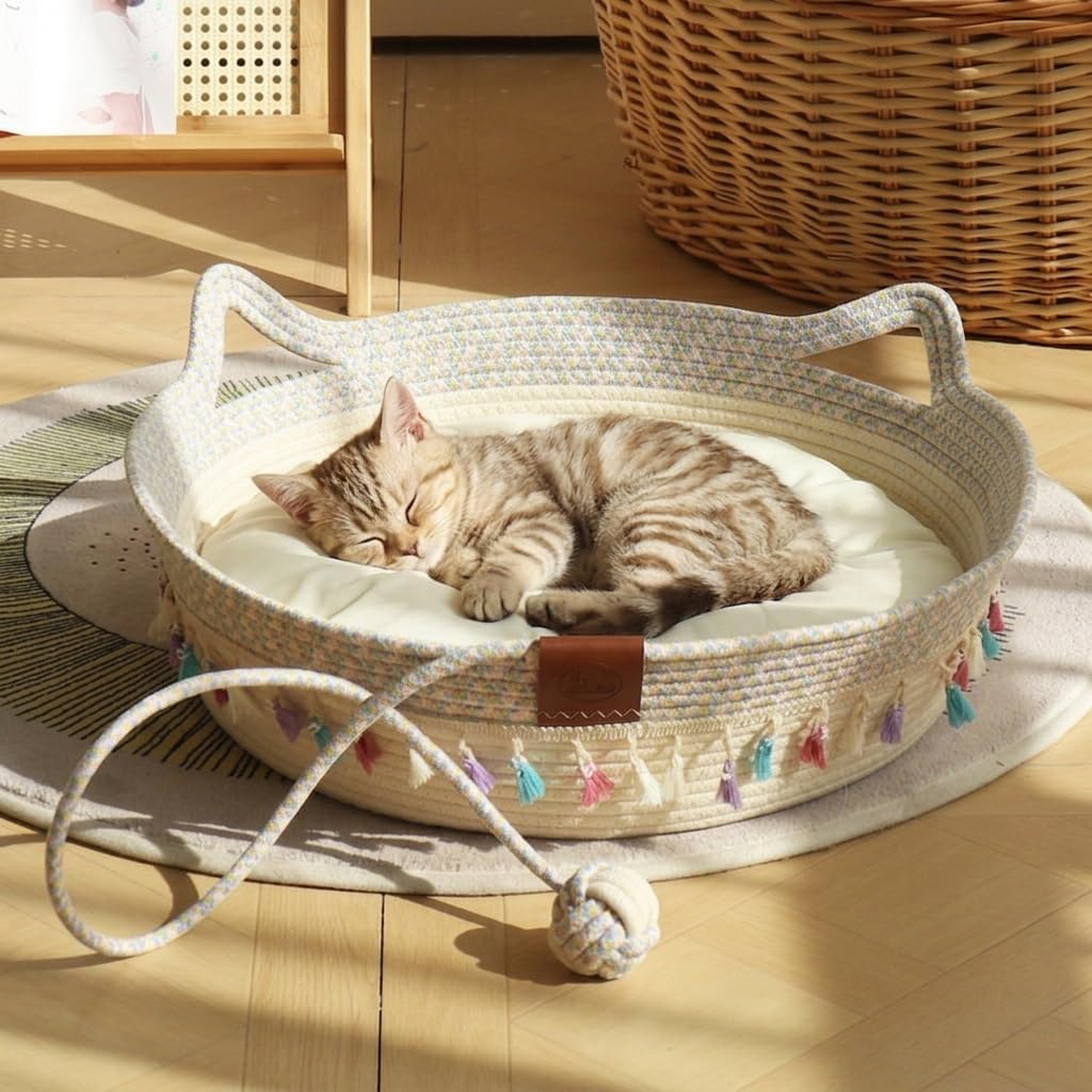 Cat Bed Basket with Soft Cushion & Play Ball - Cotton Rope Cat Beds for Indoor Cats, Kittens & Medium and Large Cat - Cat Scratching Bed with Decorative Tassels,18.9" L x 18.9" W x 6" Th