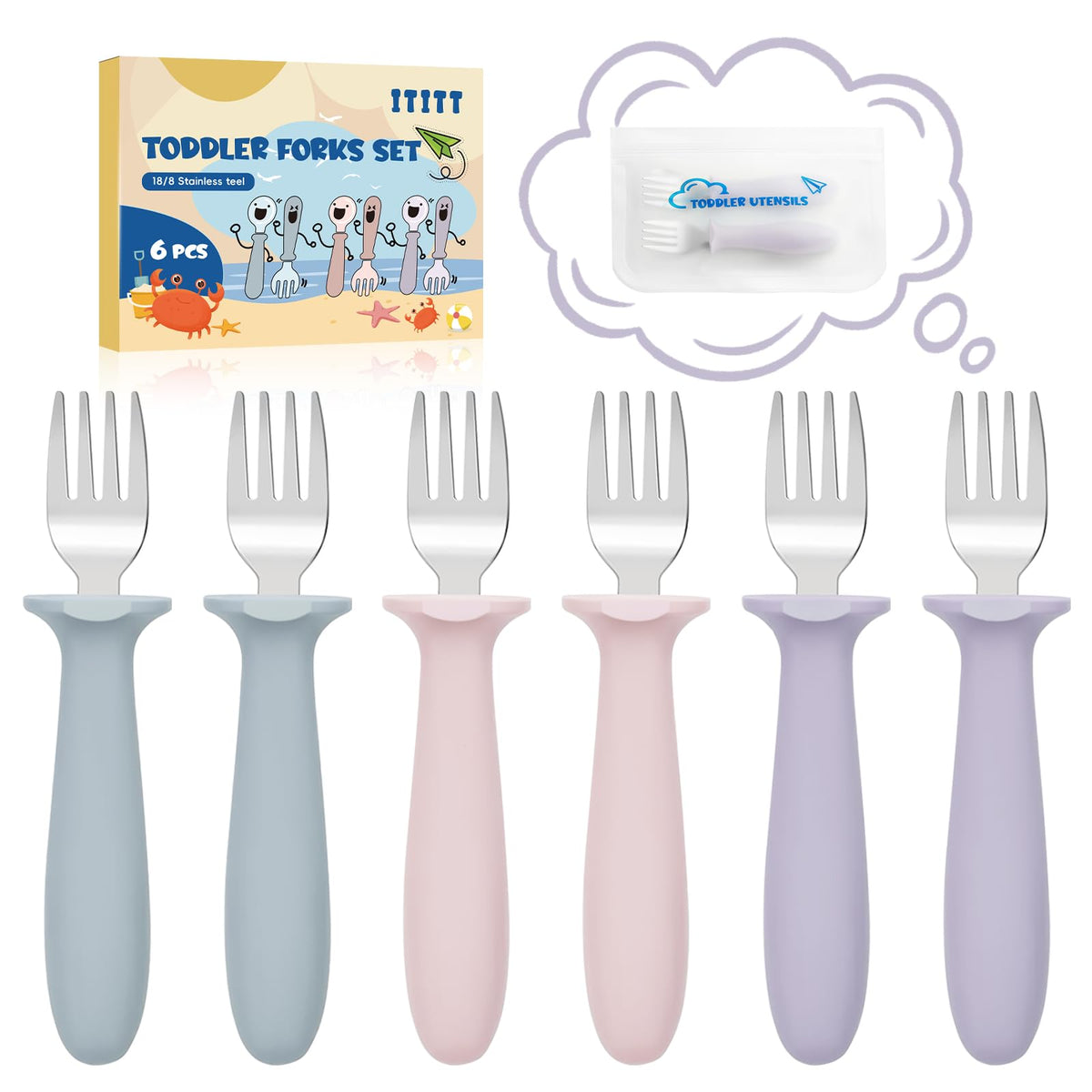 6 PCS Toddler Forks Set - Baby Forks with Silicone Handle Children Food Grade 18/8 Stainless Steel Toddler Utensils Set for Self Feeding Kids Silverware Set Safe Anti-Choke Design Dishwasher Safe