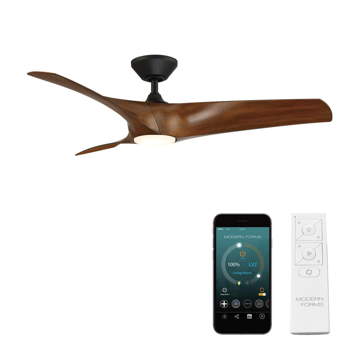 Zephyr Smart Indoor and Outdoor 3-Blade Ceiling Fan 52in Matte Black Distressed Koa with Adjustable CCT 2700K-3000K-4000K-5000K LED Light Kit and Remote Control works with Alexa, iOS or Android App