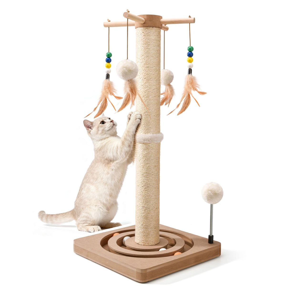 LIFLIX 25 Inches Cat Scratching Post with Interactive Toys, Sisal Cat Scratch Post with Sturdy Ball Track Base for Indoor Cats and Kittens