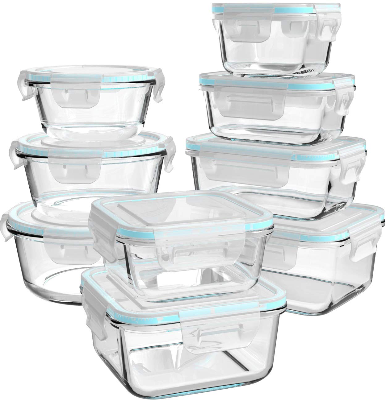 Glass Food Storage Containers with Lids, [18 Piece] Glass Meal Prep Containers Set, Airtight Leak Proof, Oven Freezer Dishwasher Safe, BPA Free (9 Lid & 9 Container)