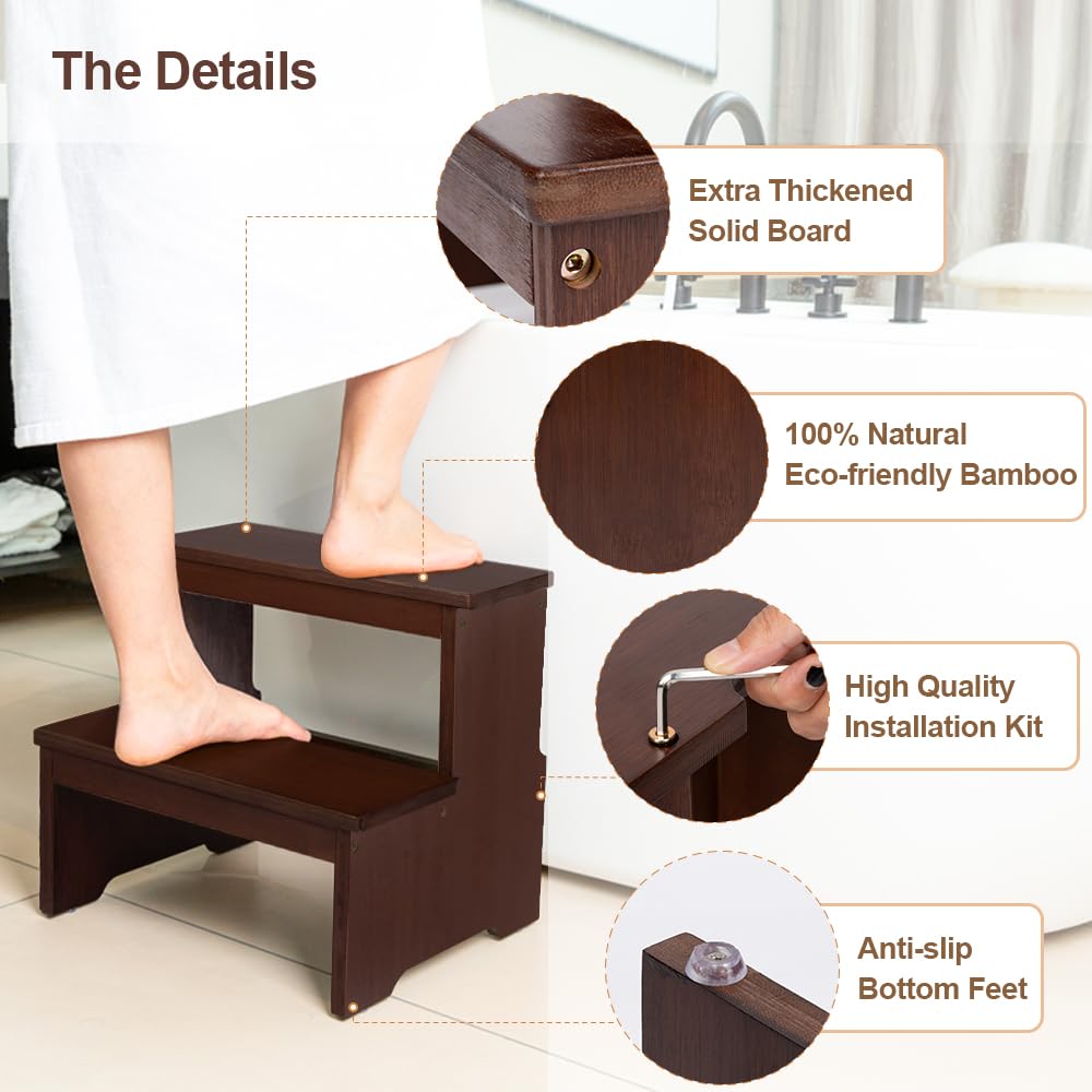 Strongtek Wooden 2 Step Stool for Adults, Natural Bamboo, High Beds, 350 Lb, Dark Chocolate