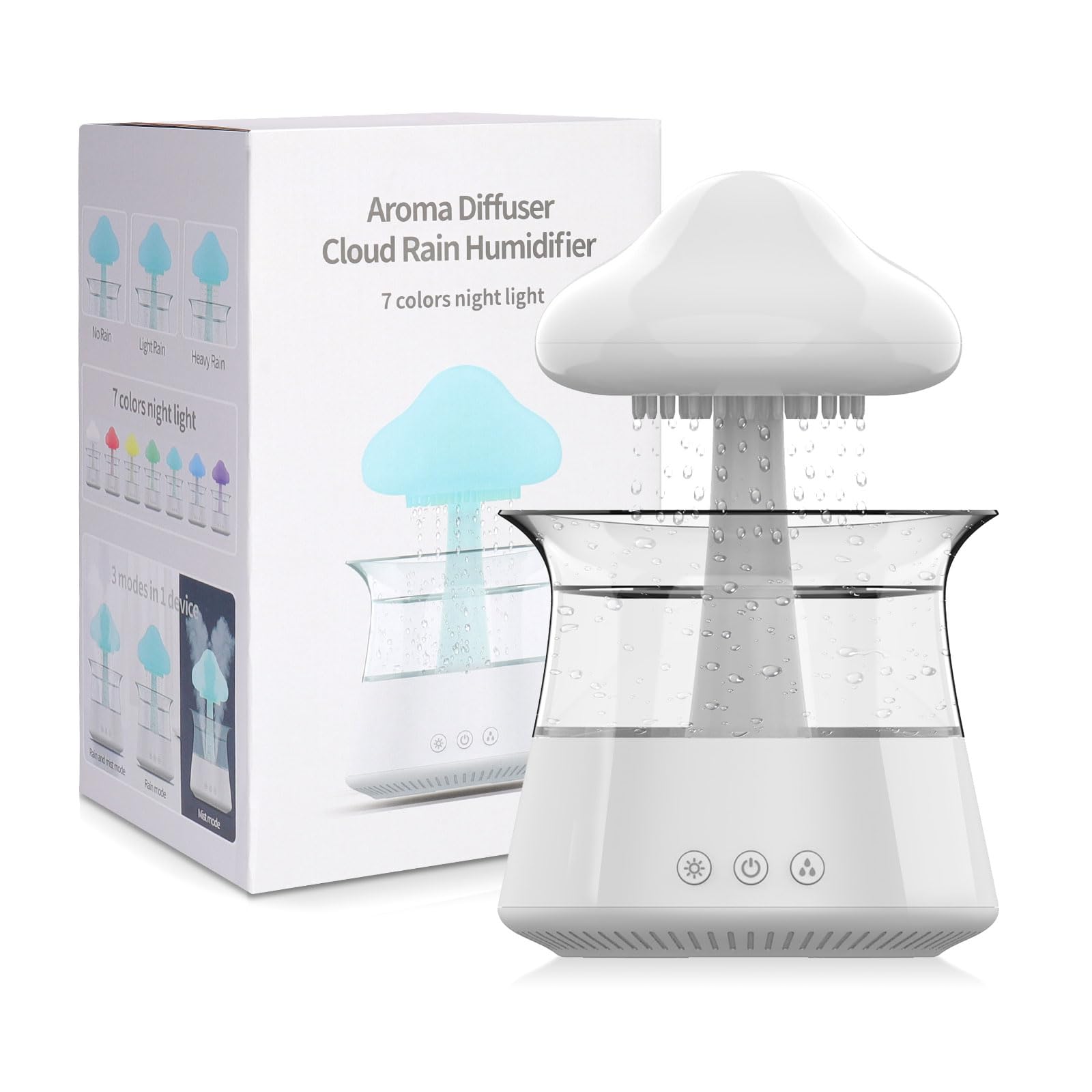 cjc Cloud Rain Humidifier for bedroom with Soothing Rain Sounds Sleep Aid, Waterfall Night Light, Mushroom Design Air Moisturizer?Room Decor Aesthetic for living room (White)