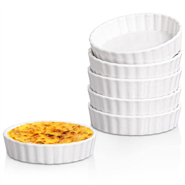 Delling Creme Brulee Ramekins - 6 Piece Set, 8 oz Round Fluted Quiche Dishes, Oven Safe, White