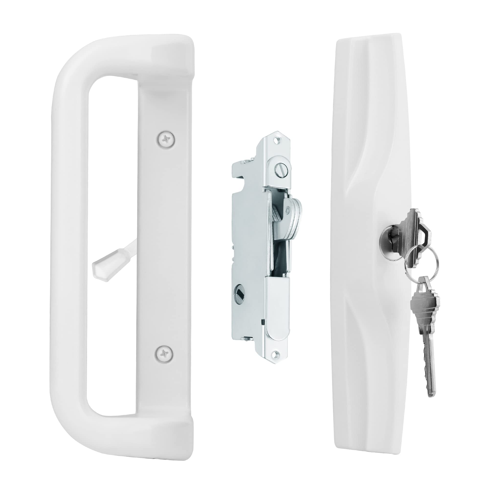 House Guard White Sliding Patio Door Handle Set with Key Cylinder, 3-15/16" Screw Hole Spacing, Replacement Handle Lock Set for Selected Sliding Glass Doors with Compatible Mortise Lock
