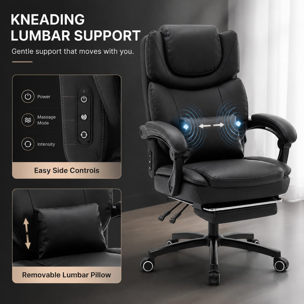Chairker Big and Tall Massage Heat Office Chair for Executive Gaming People, Black Leather-2