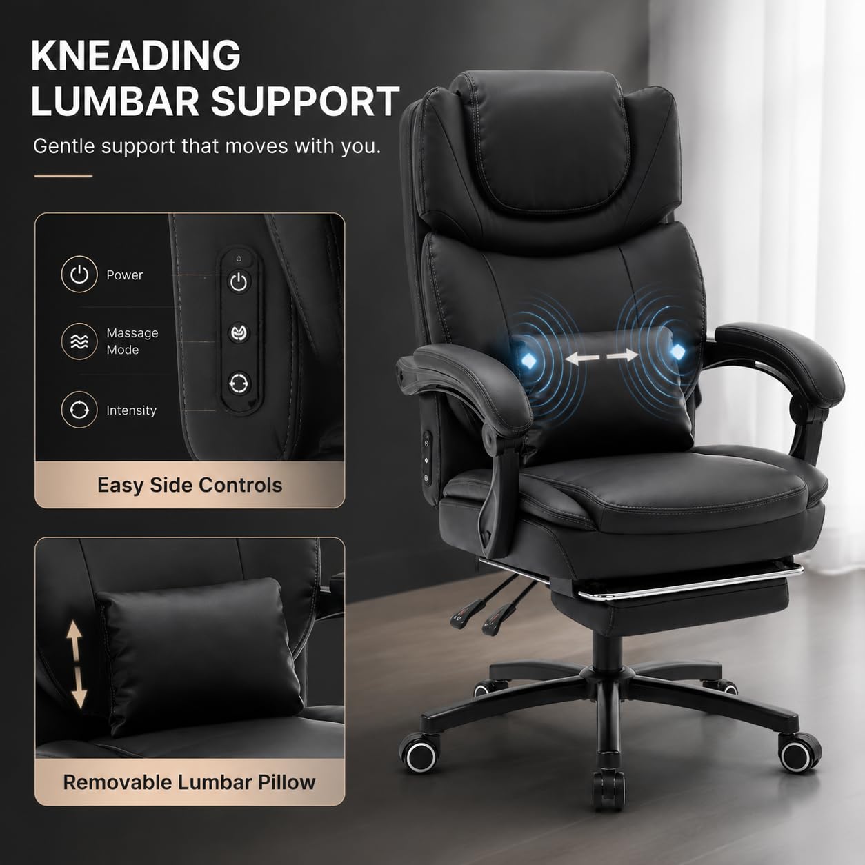 Chairker Big and Tall Massage Heat Office Chair for Executive Gaming People, Black Leather-2