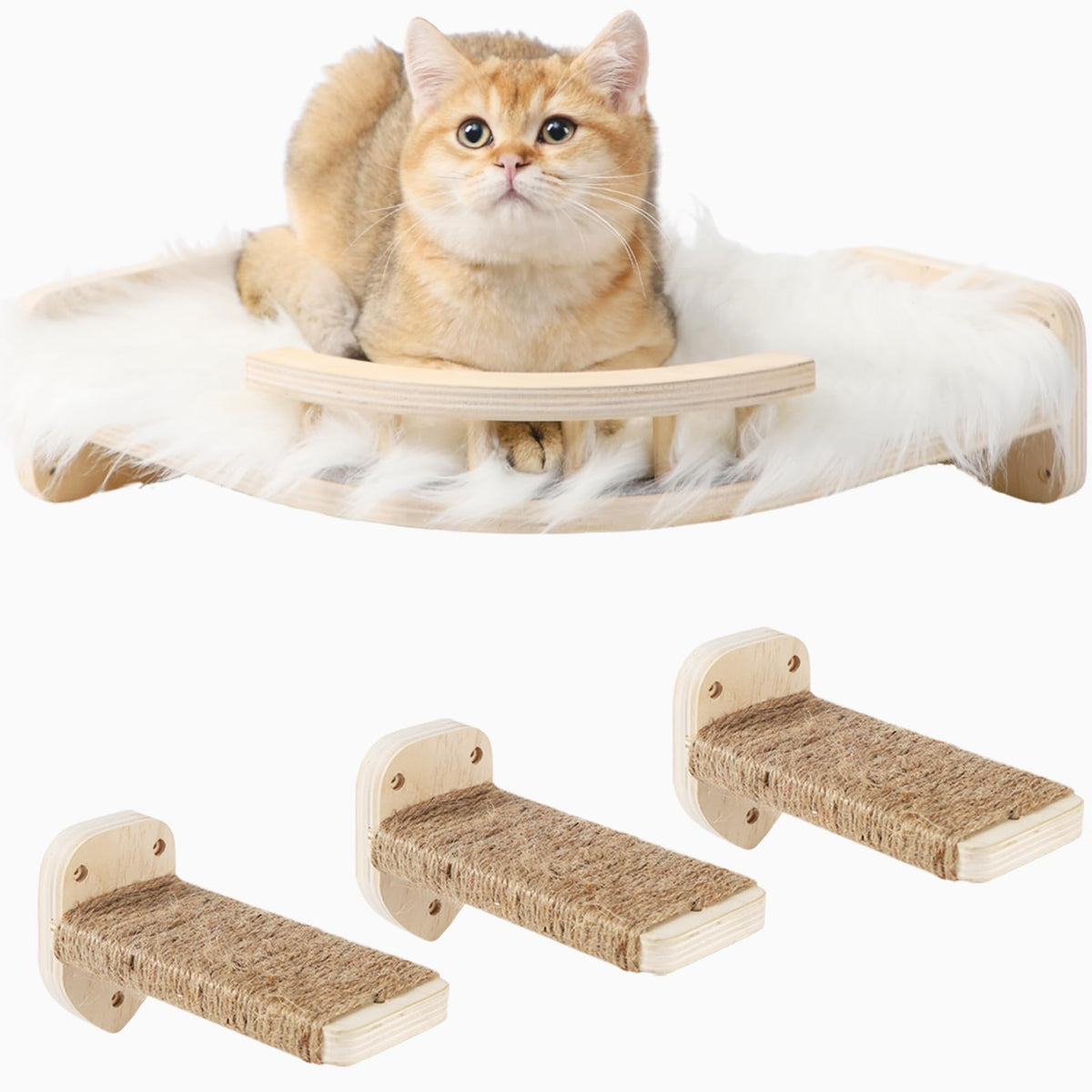 Cat Wall Shelves - 3 Steps Scratch Post & Hammock Bed with Plush Cover, Climbing Shelf for Indoor Cats (Wood)