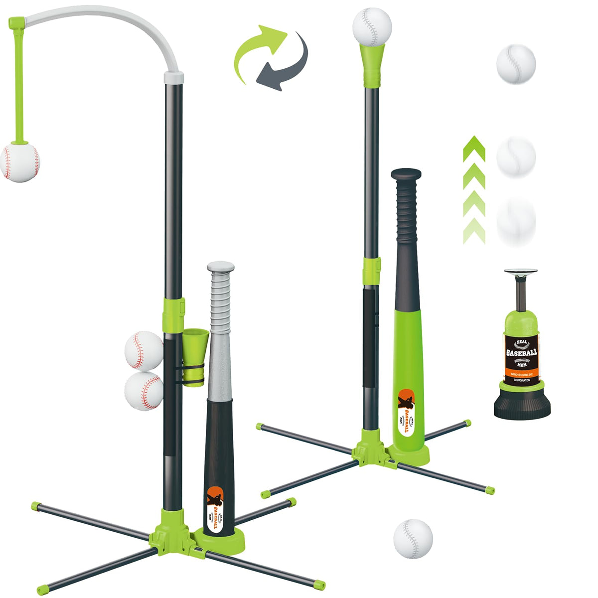 3-in-1 T Ball Set for Kids, Adjustable Height Hanging Baseball Batting Tee Set with 2 Bats, Teeball Hitting Stand, Ball Launcher for Toddlers, Sport Toys Outdoor/Indoor for Boys Girls