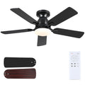 46 Inch Ceiling Fans with Lights and Remote, Modern Black Low Profile Ceiling fan with light for Bedroom Indoor/Outdoor, Flush Mount, Reversible Quiet DC Motor, Dimmable LED, Wooden Blades