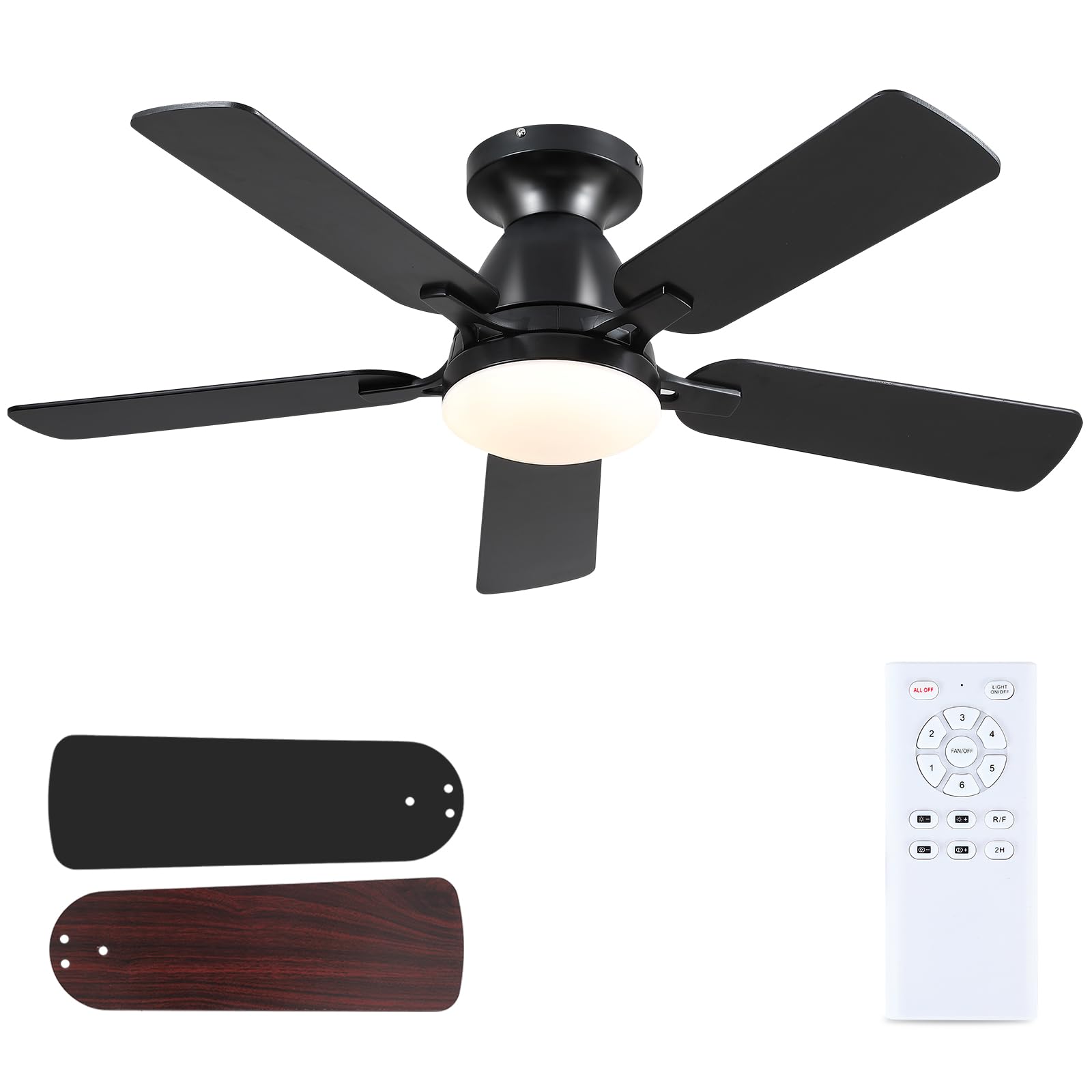 46 Inch Ceiling Fans with Lights and Remote, Modern Black Low Profile Ceiling fan with light for Bedroom Indoor/Outdoor, Flush Mount, Reversible Quiet DC Motor, Dimmable LED, Wooden Blades