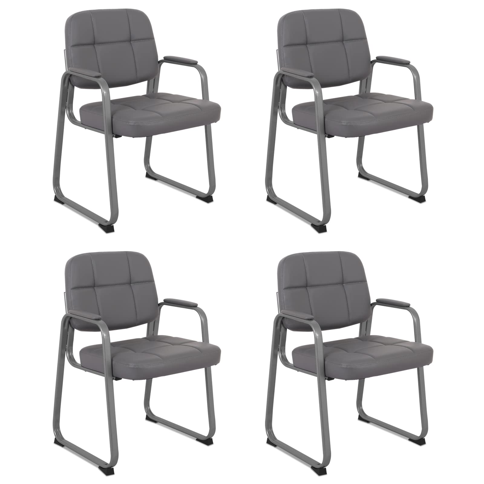 Clatina Waiting Room Chairs with Padded Arms Leather Guest Chair No Wheels for Office Reception and Conference Desk with Sled Base Grey, 4pk