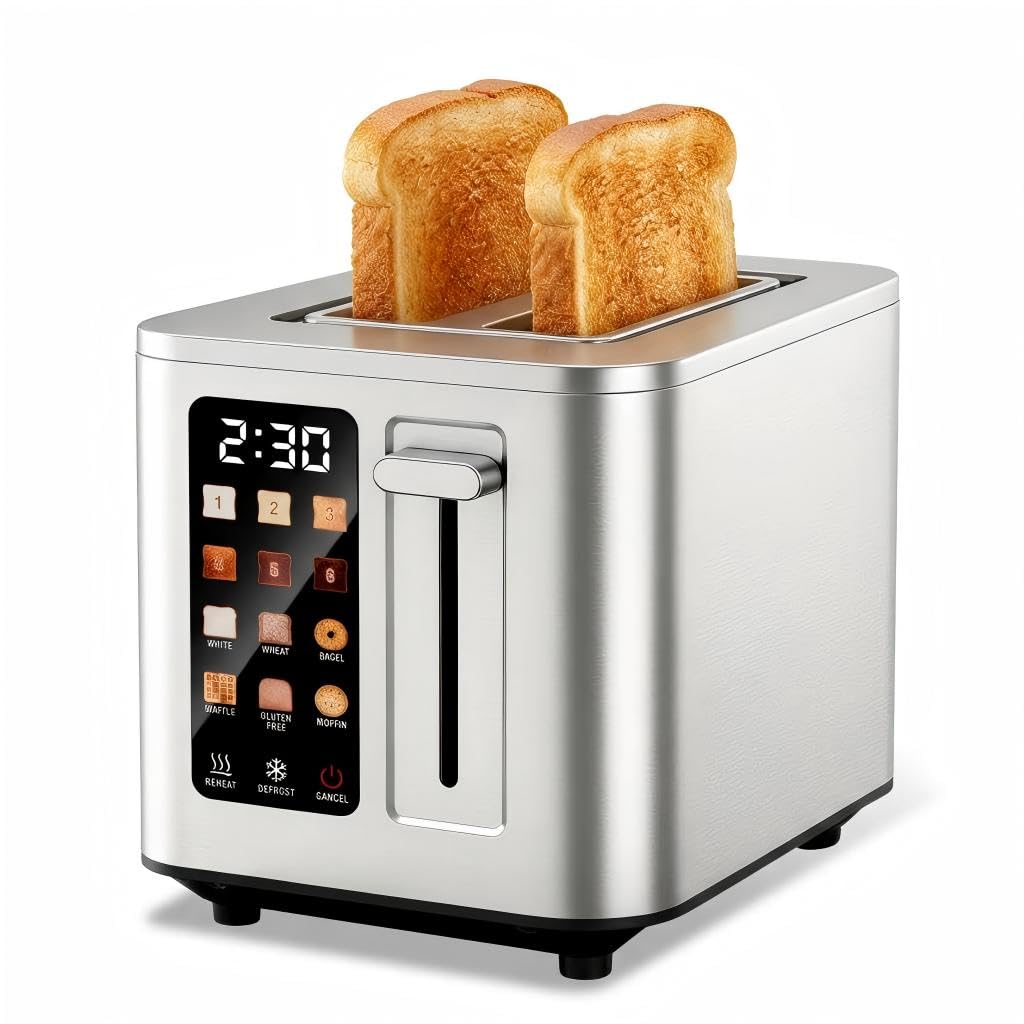 2026 Upgraded TAZTIR Touch Screen Toaster 2 Slice, Premium Stainless Steel Digital Bread Toaster with Timer, 1.5'' Wide Slot, 6 Shade Settings & 6 Bread Types, Bagel Defrost Reheat Cancel Functions