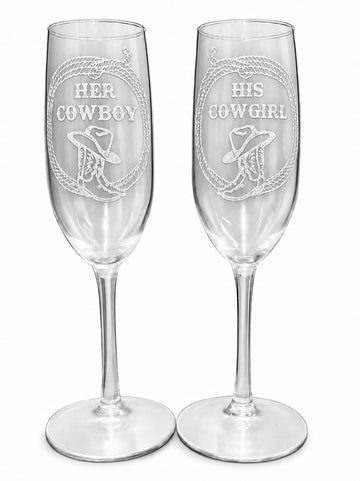 Engraved cowboy and cowgirl champagne flute set with boots, cowboy hat and rope, country wedding