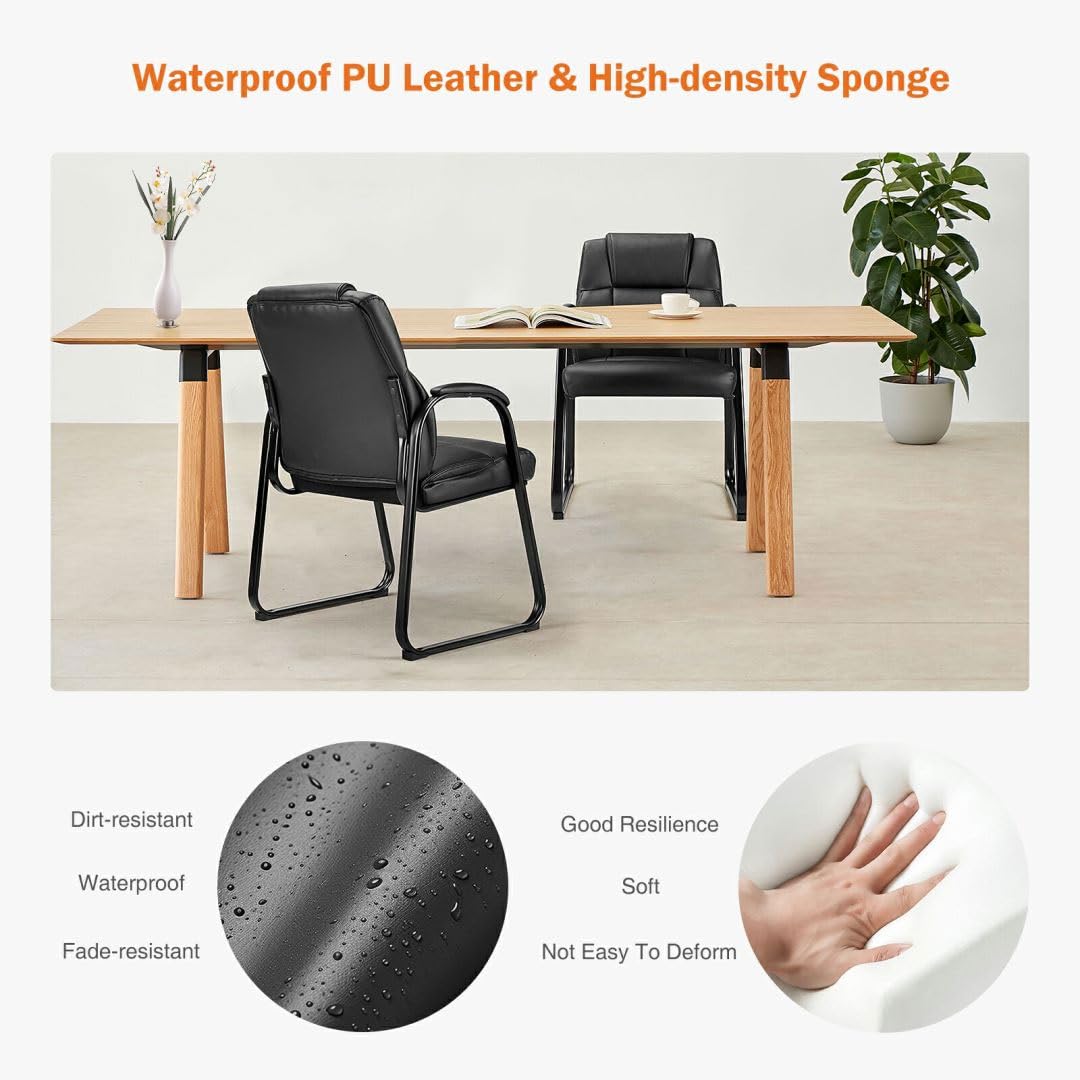 Uocfyk Pu Leather Conference Room Chair, Tall Back Chairs with Padded Arms and No Wheels, Guest Chair for Reception Waiting Room Black
