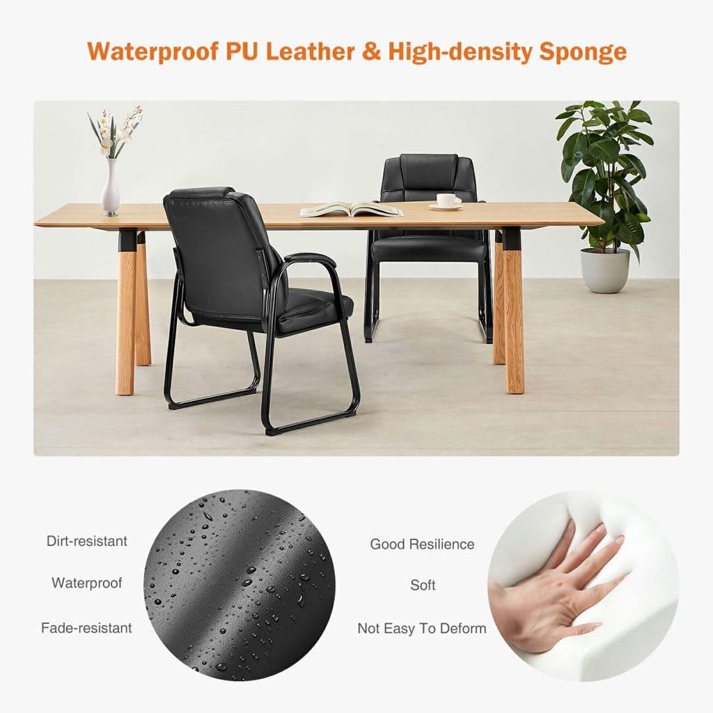 Uocfyk Pu Leather Conference Room Chair, Tall Back Chairs with Padded Arms and No Wheels, Guest Chairs of 2 for Reception Waiting Room Black