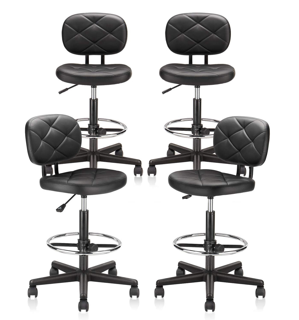 Klasika Tall Drafting Rolling Stool Chair with Low Back Support and Adjustable Foot Rest Ring Set of 4 Pu Leather Vinly Wide Seat Swivel