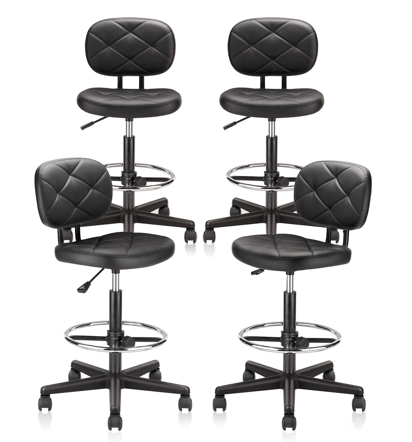 Klasika Tall Drafting Rolling Stool Chair with Low Back Support and Adjustable Foot Rest Ring Set of 4 Pu Leather Vinly Wide Seat Swivel