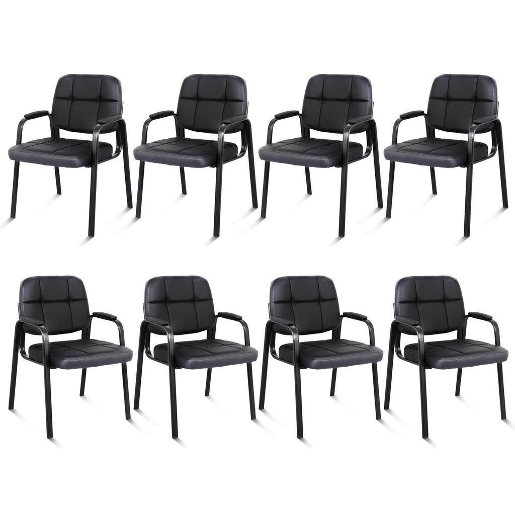 Clatina Leather Guest Chairs Set of 8, Desk Chair No Wheels, Office Reception with Padded Arms for Office Conference Waiting Room, Black