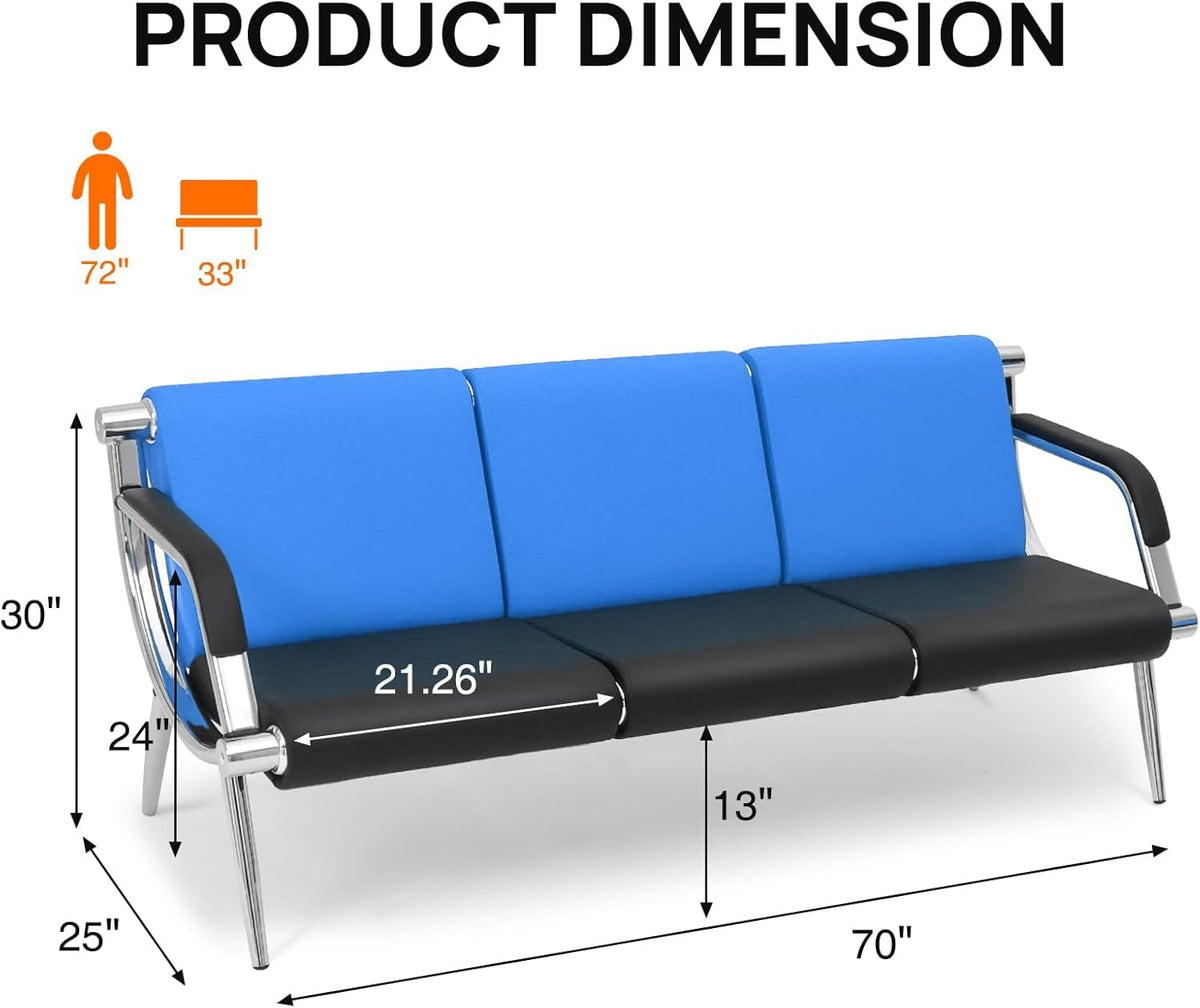Wonline 3-seat Office Reception Chair Pu Leather Waiting Room Bench Visitor Guest Sofa Airport Clinic Black, 3 Seat, Blue