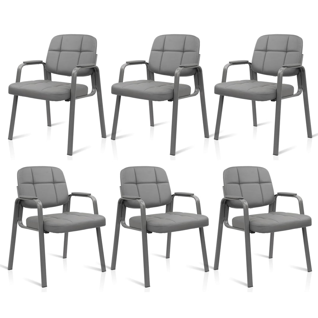 Clatina Leather Guest Chairs Set of 6, Desk Chair No Wheels, Office Reception with Padded Arms for Office Conference Waiting Room, Grey