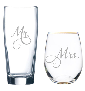 C M Mr Beer Glass 20 oz and Mrs Stemless Wine Glass 15 oz, Set of 2