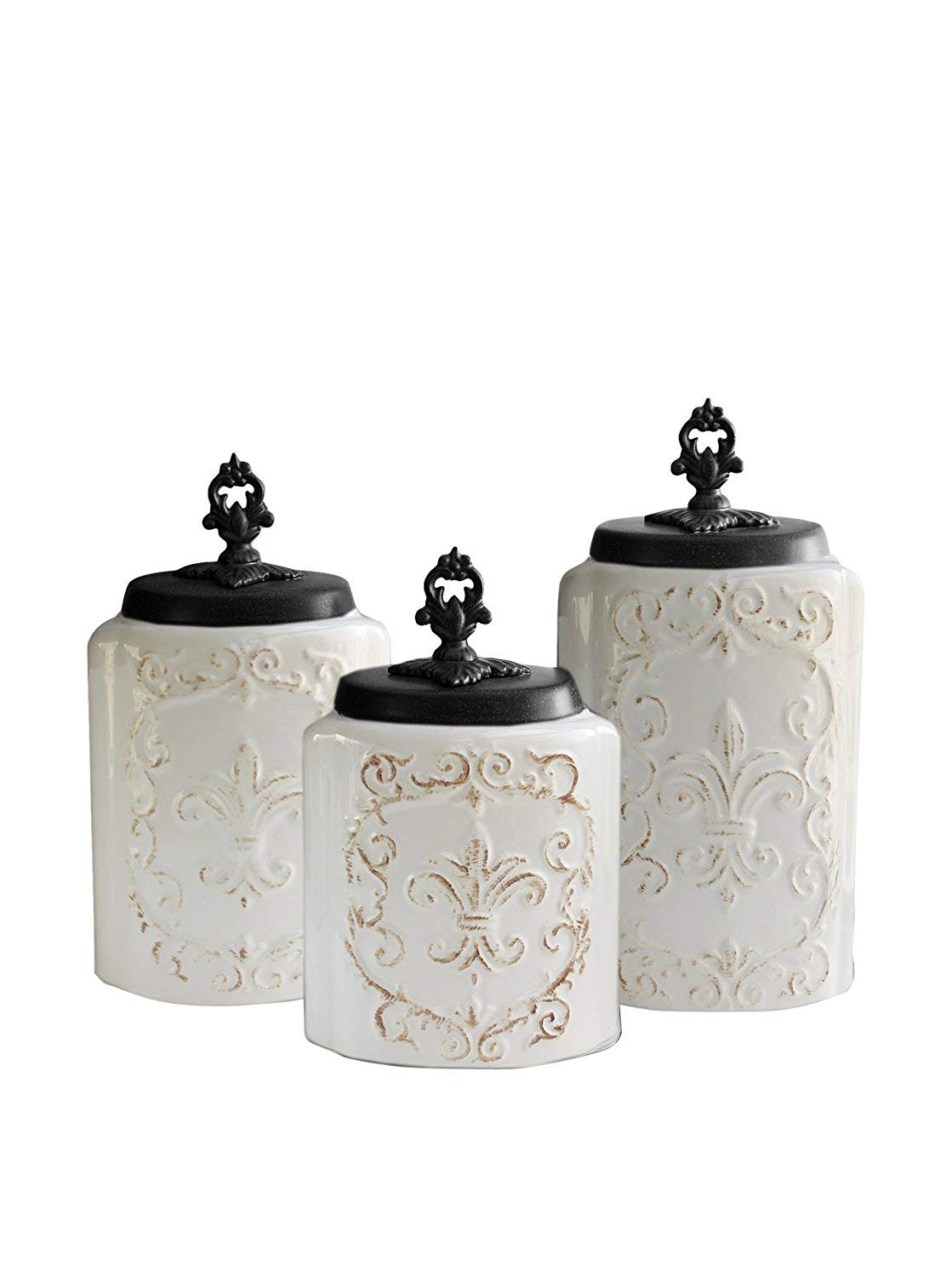 American Atelier Fleur de Lis White Canister Set 3-Piece Ceramic Jars in 84.5oz, 74.5oz, & 60oz Designed w/ Airtight Stainless Steel Lids for Cookies, Candy, Coffee, Flour, Sugar, Rice, Pasta, Cereal