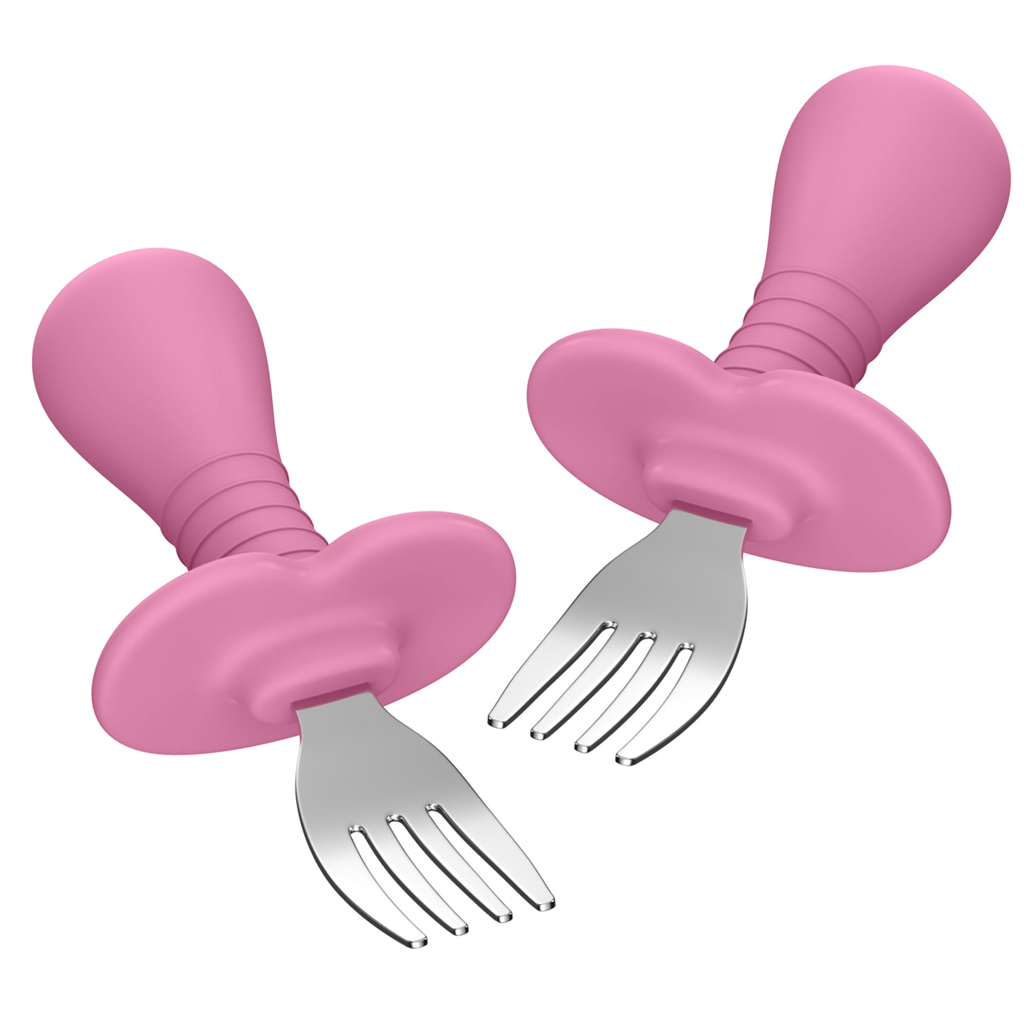 Baby Fork Toddler Forks for Self Feeding, Kids Forks with Silicone Round Handle, Stainless Steel Toddler Utensils Children Safe Silverware Set, Anti-Choke Design, BPA Free - Pink