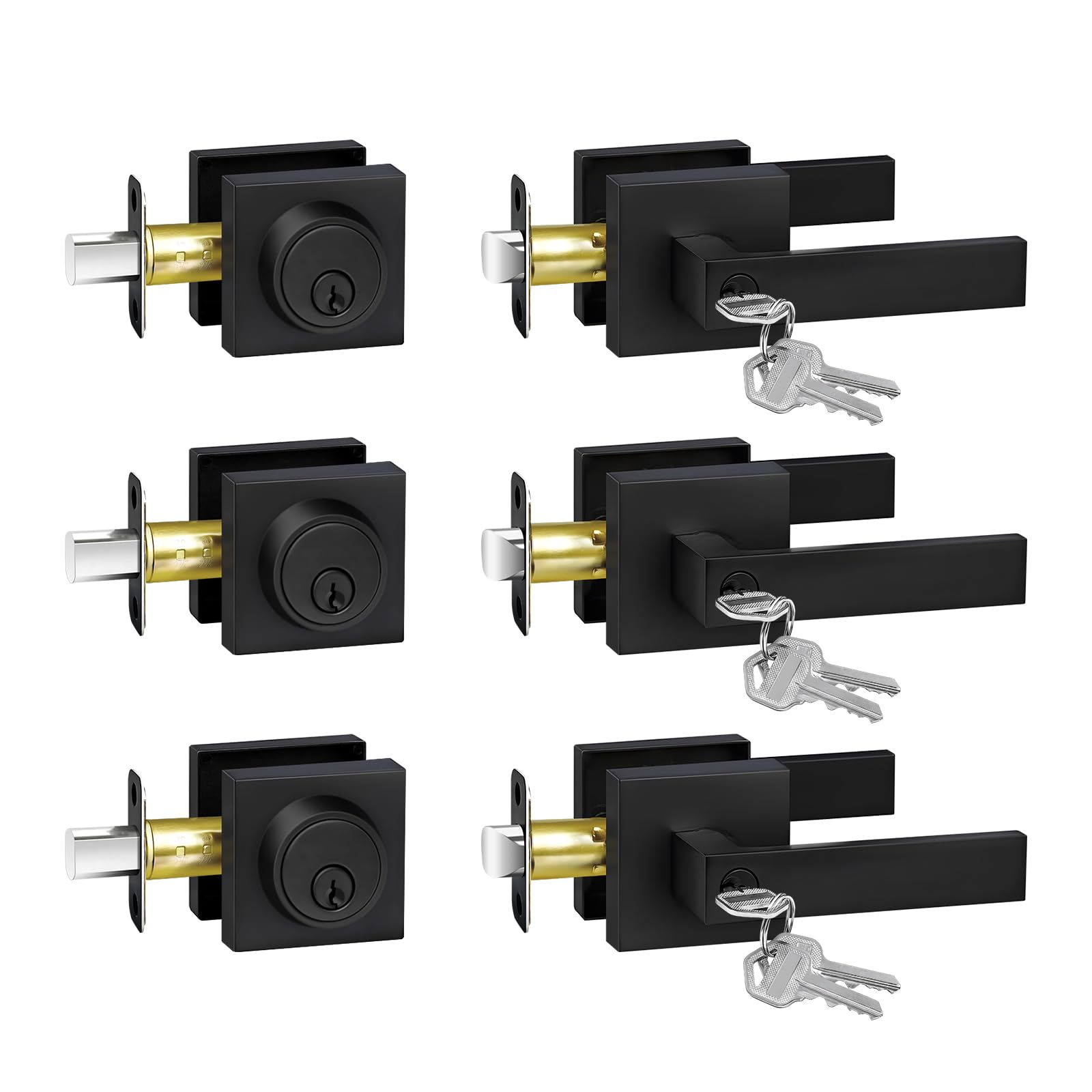 Exterior Door Lock Set with Deadbolt, Door Locks for Front Door with Single Cylinder Deadbolt Lock, Matte Black Door Handle with Lock and Key for Front Door, 3 Pack (All Same Keyed Alike)