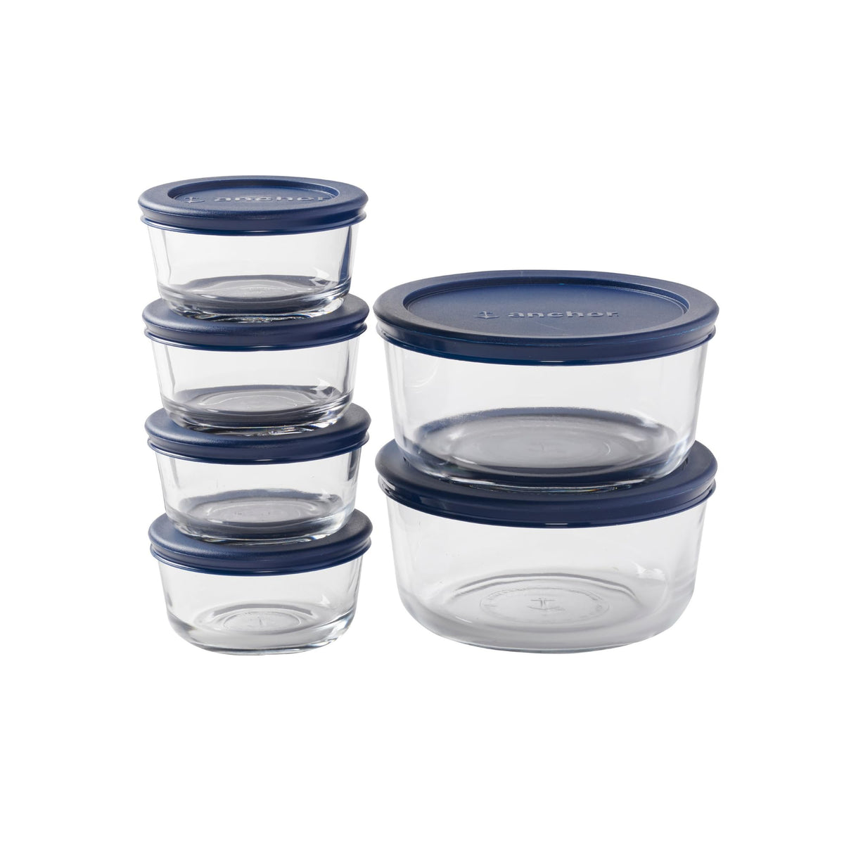 Anchor Hocking 12 Piece Glass Storage Containers with Lids (6 Glass Food Storage Containers & 6 Navy Blue SnugFit Lids)