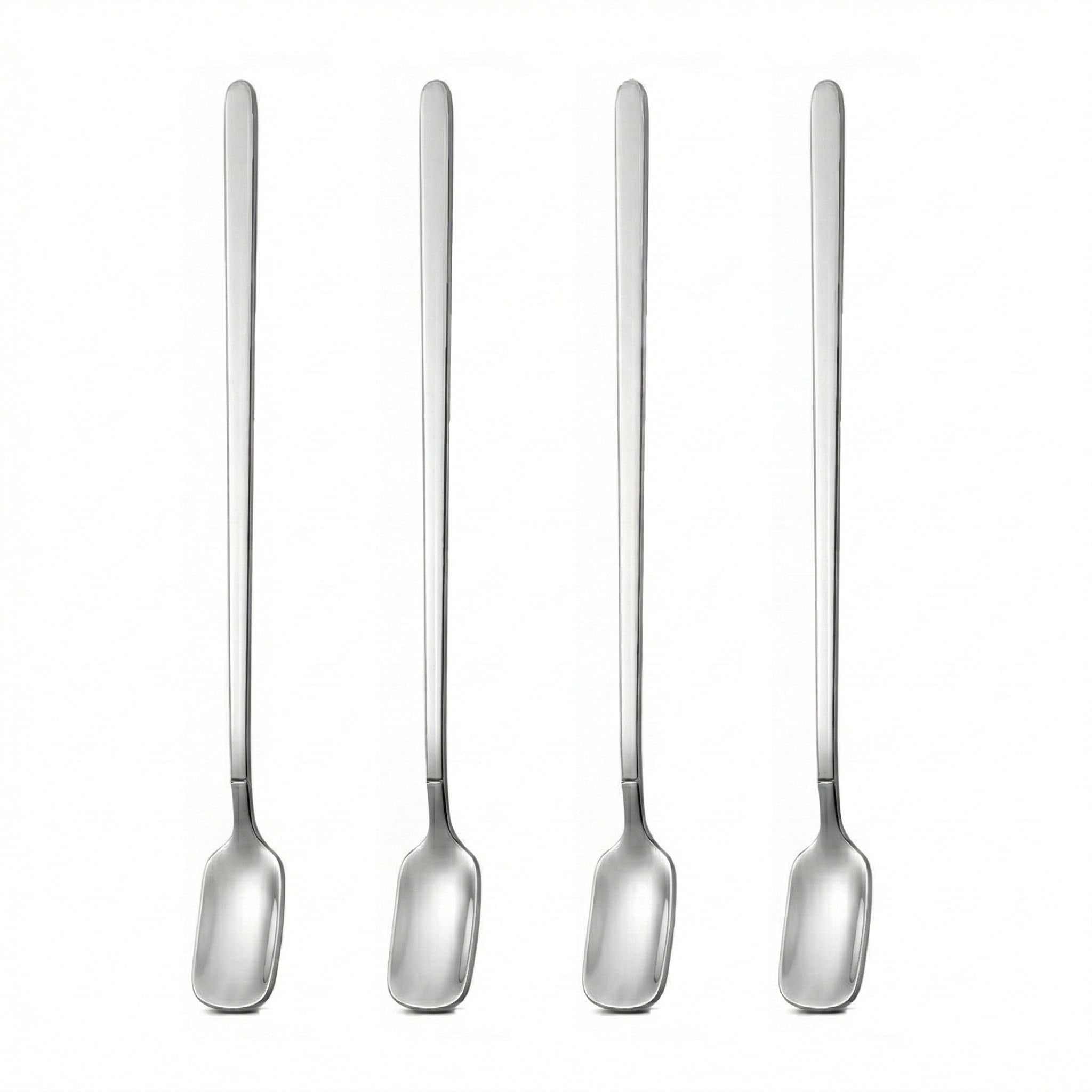 Long Handle Iced Tea Spoons Set of 4, 9.8" Stainless Steel Spoons for Stirring Coffee, Tall Glasses, Milkshake, Latte - Square Head Reaches Bottom, Dishwasher Safe Long Teaspoons for Ice Cream