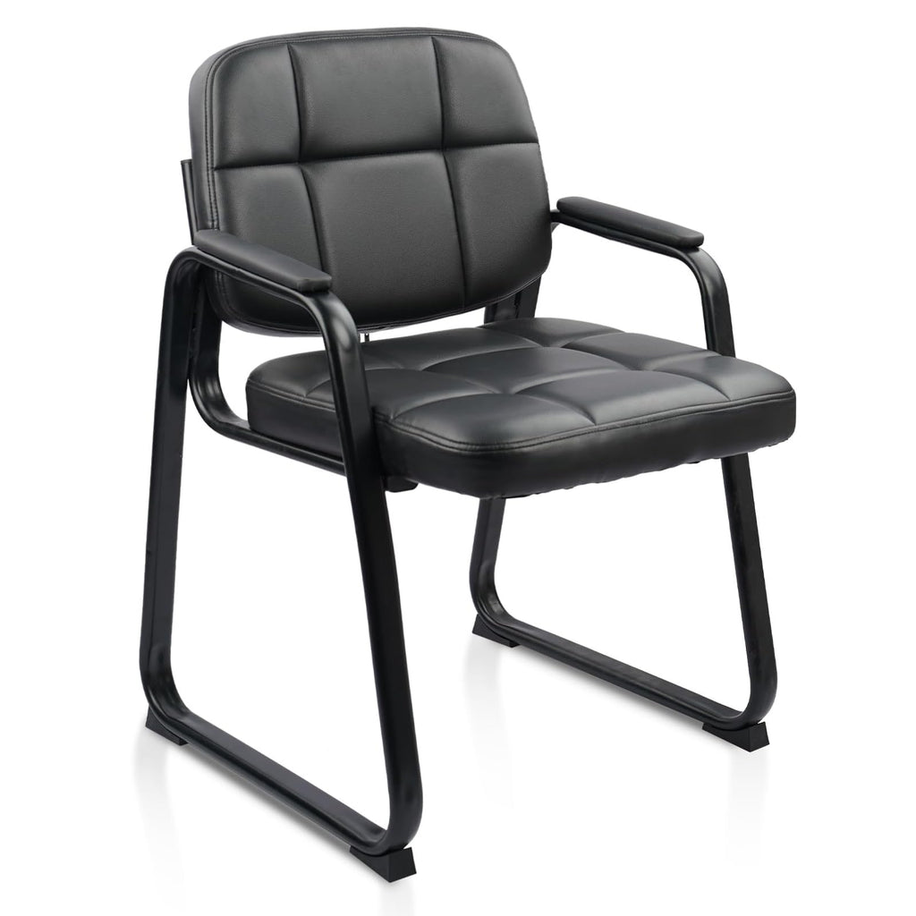 Clatina Leather Guest Chair with Sled Base, Office Reception with Padded Arms, Desk Chair for Office Conference Waiting Room School, Black