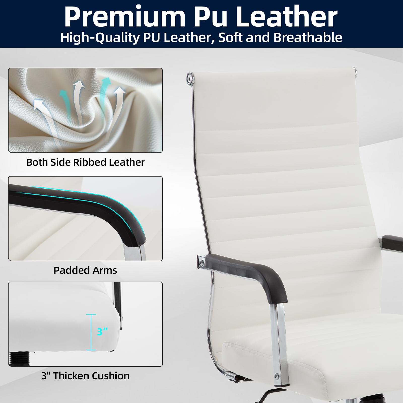 Haranuo Office Chair, Ergonomic Executive Conference Room Chairs, Ribbed Leather Desk Chair with Lumbar Support, Adjustable Height Mid-back