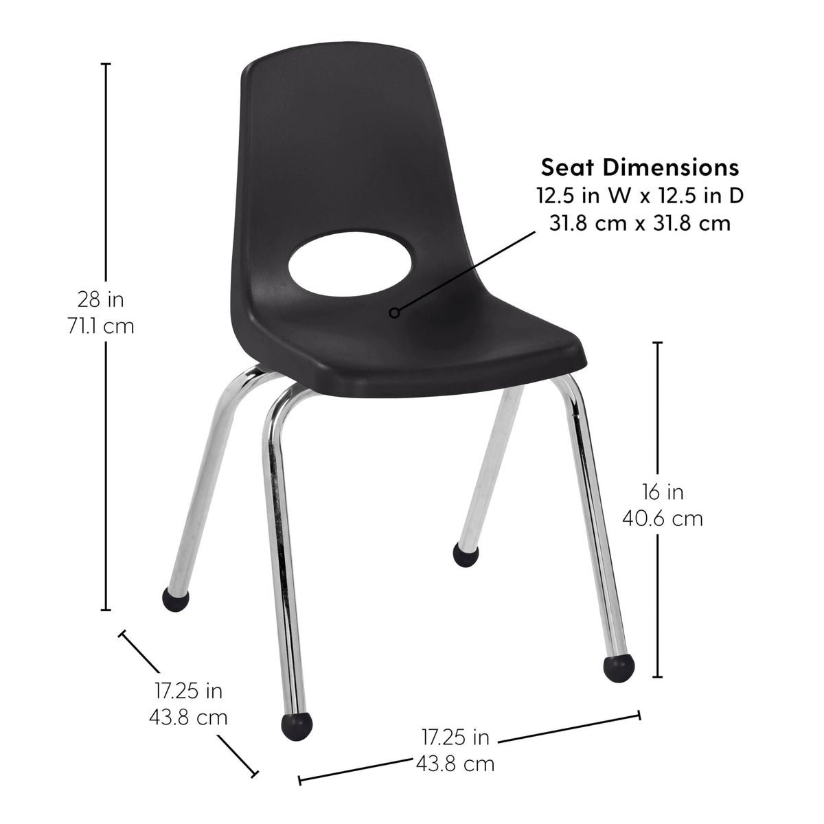 Fdp 16" School Stack Chair,stacking Student Seat with Chromed Steel Legs and Ball Glides for In-home Learning or Classroom - Black (4-pack),