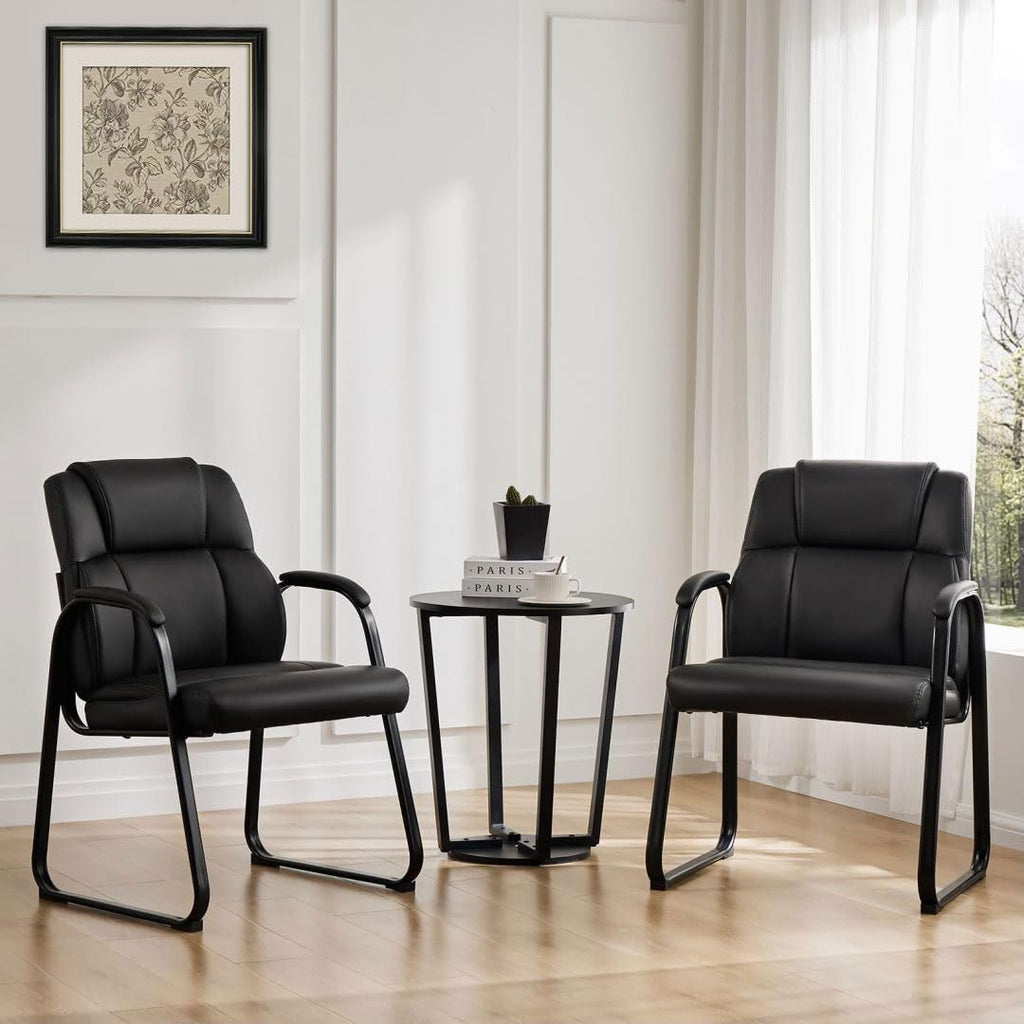 Uocfyk Pu Leather Conference Room Chair, Tall Back Chairs with Padded Arms and No Wheels, Guest Chairs of 2 for Reception Waiting Room Black