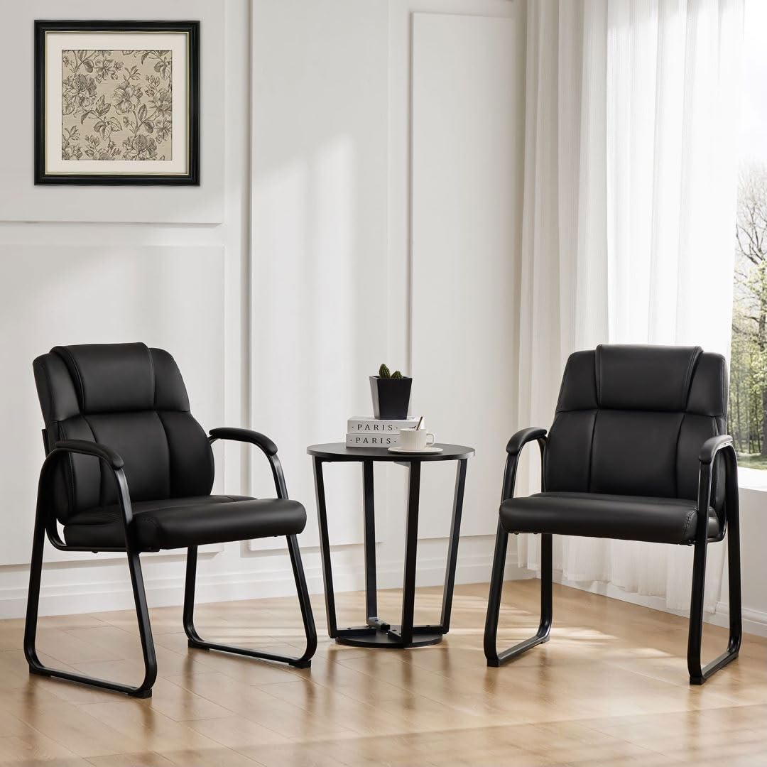 Uocfyk Pu Leather Conference Room Chair, Tall Back Chairs with Padded Arms and No Wheels, Guest Chairs of 2 for Reception Waiting Room Black