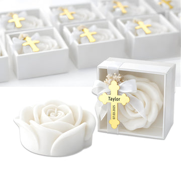 Personalized Rose Shaped Soy Candle Favors with Gold Acrylic Cross Label – Baptism & Christening Keepsake, Religious Wedding or Shower Gift Set (10–200 PCS)