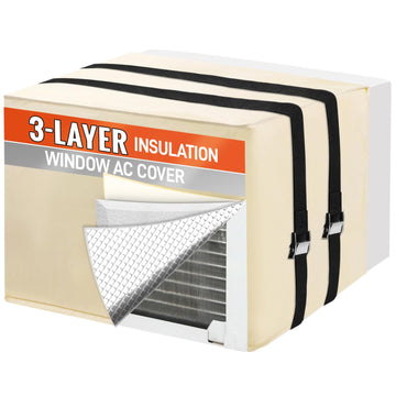 Air Conditioner Covers for Outside Window Unit 21"W x 15"H x 16"D, Beige | 3-Layer insuLated window AC cover, with aluminum foil & EPE foam, high-density strap with metal buckle for complete windproof