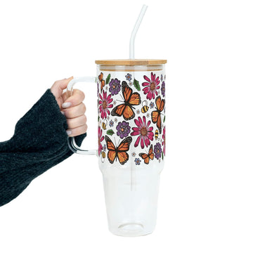 Sip-Sip Hooray! Monarch Butterfly 40oz Glass Tumbler with Handle, Lid and Straw, Floral Butterfly Cup, Nature Lover Gift for Women, Iced Coffee Tea Smoothie