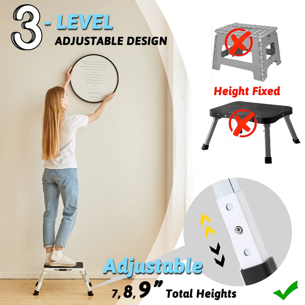 Double Elite 3 Levels Adjustable Folding One Step Stool, Safer Metal Step Stools for Adults/seniors, Heavy Duty Small Foldable Kitchen Stepping