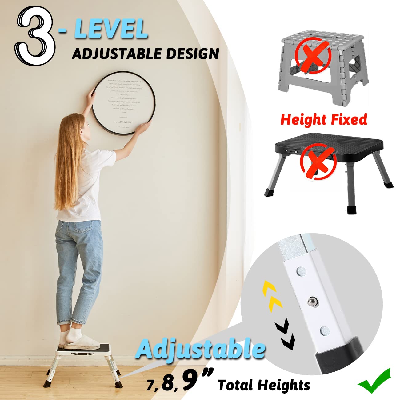 Double Elite 3 Levels Adjustable Folding One Step Stool, Safer Metal Step Stools for Adults/seniors, Heavy Duty Small Foldable Kitchen Stepping
