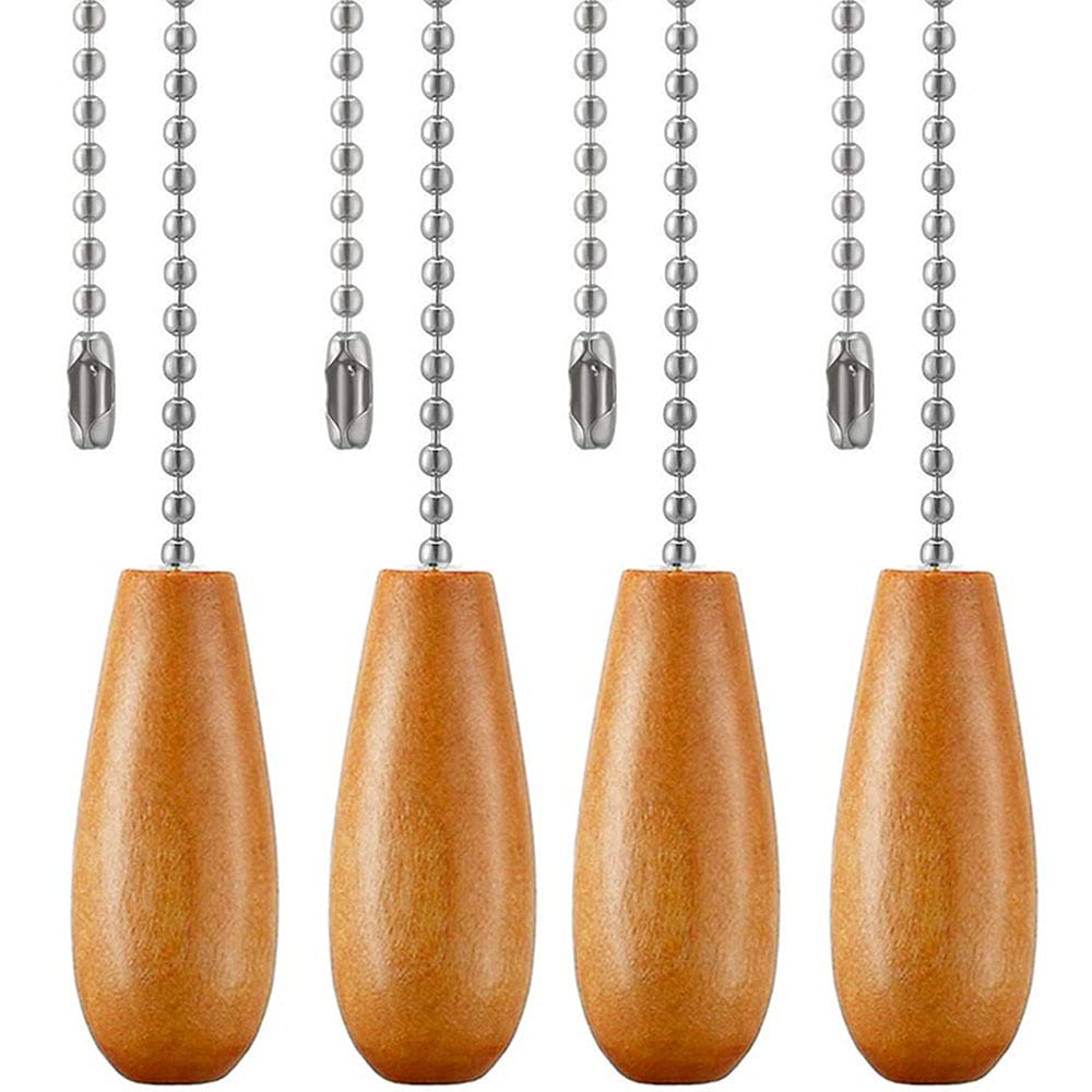 Ceiling Fan Light Extender, 12 Inch Wooden Pull Chain Ornaments (Nickel Chain) - 4 Pcs