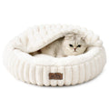 COZY KISS Hooded Blanket Cat Bed – 20"x20" Round Fluffy Donut Cuddler for Cats & Toy Dogs, Anti-Anxiety Faux Fur Pet Bed, Machine Washable with Non-Slip Bottom, Cream