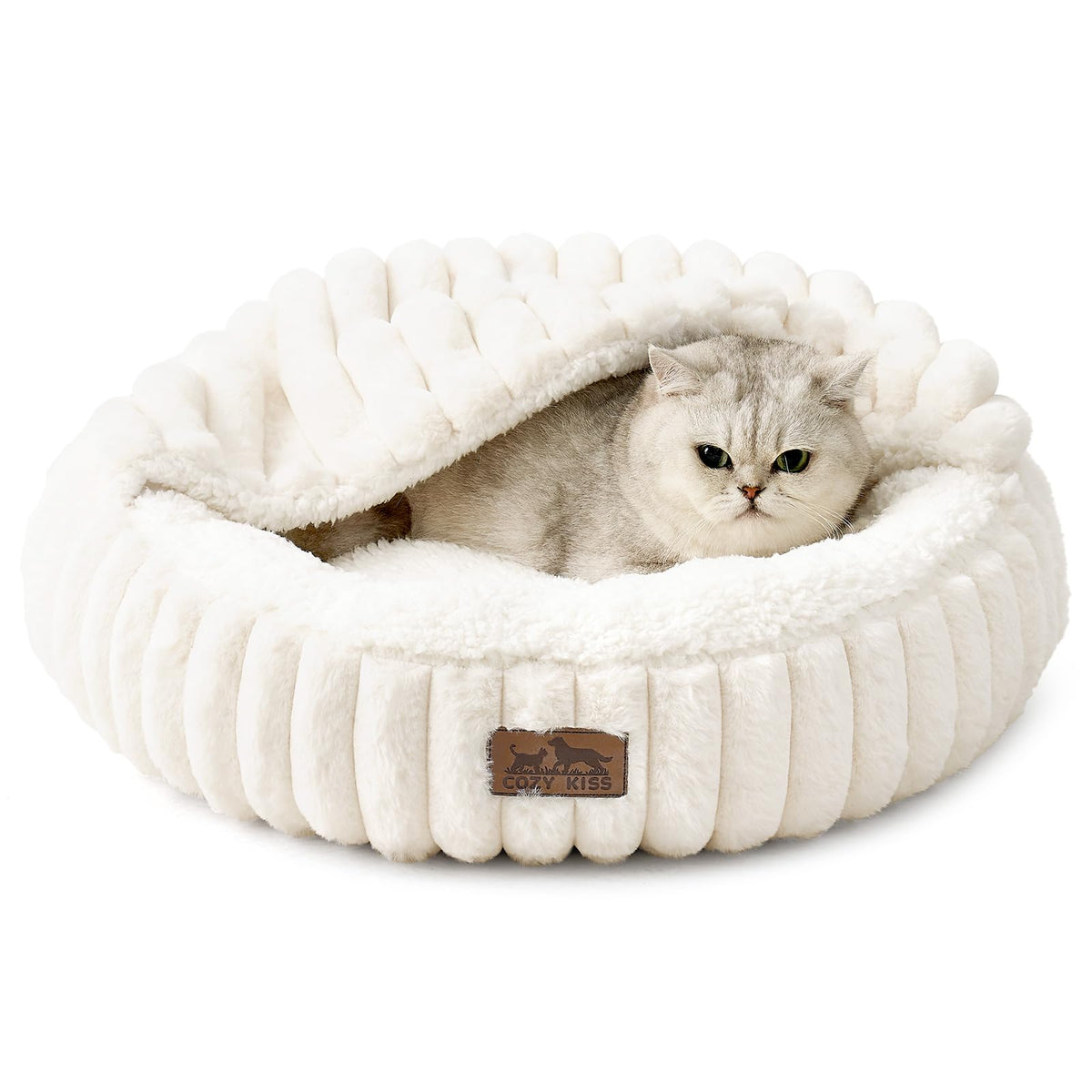 COZY KISS Hooded Blanket Cat Bed – 20"x20" Round Fluffy Donut Cuddler for Cats & Toy Dogs, Anti-Anxiety Faux Fur Pet Bed, Machine Washable with Non-Slip Bottom, Cream