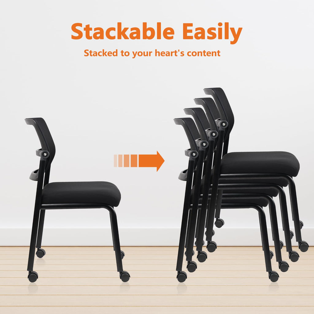 Clatina Stacking Armless Office Waiting Room Chair with Wheels, Stackable Mesh Guest Reception Desk Chairs with Adjustable Backrest for